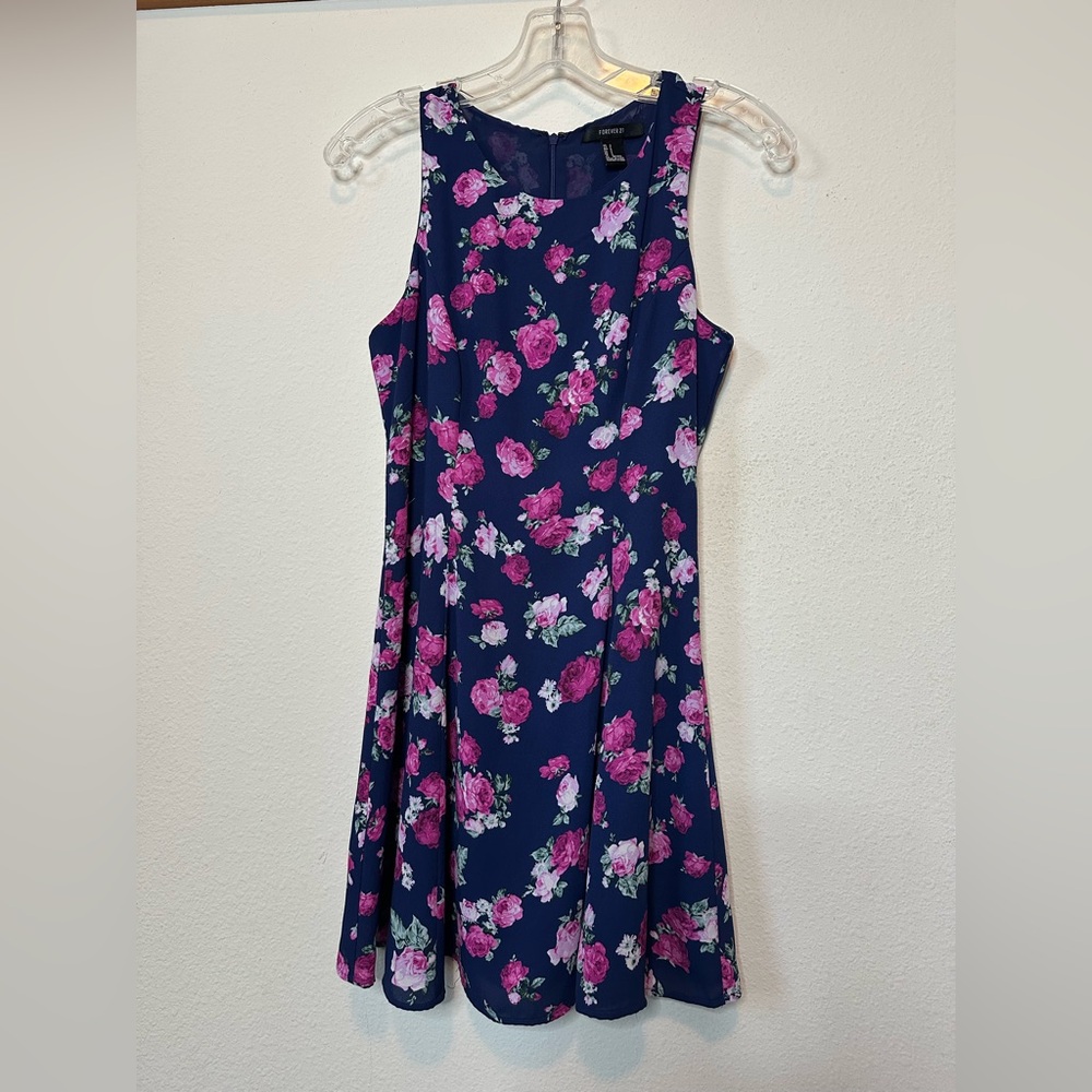 Forever 21 dress, US size small, navy blue with pink floral print.
